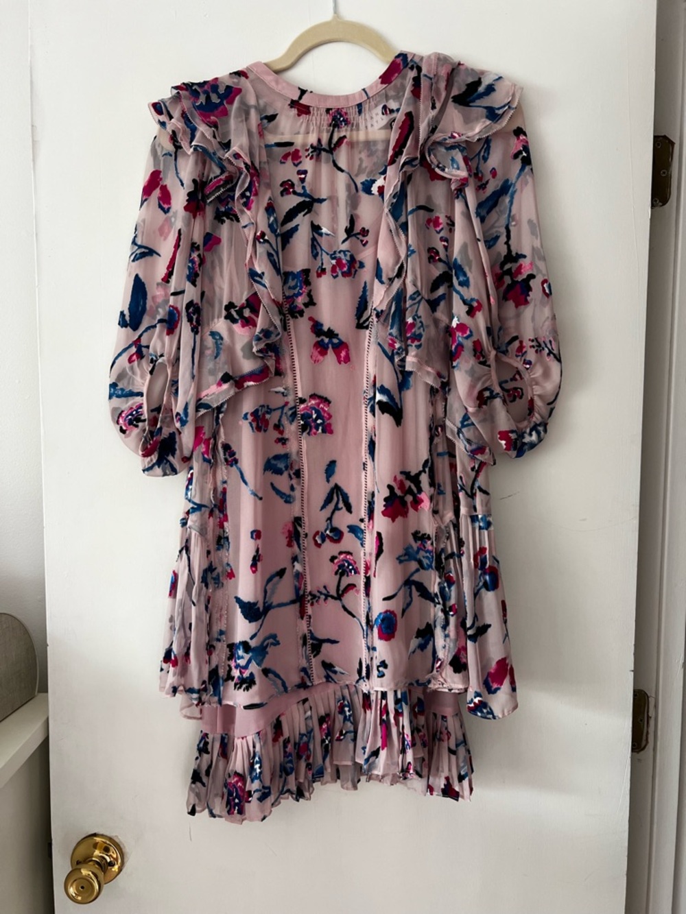 Tanya Taylor Pink Floral Ruffle Dress with Blue & Magenta Accents